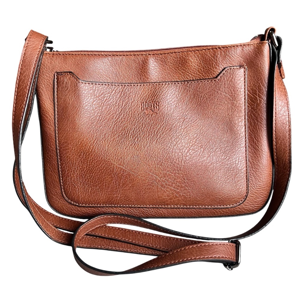 ROOTS Classic Brown Faux Leather Crossbody Bag – Adjustable Strap